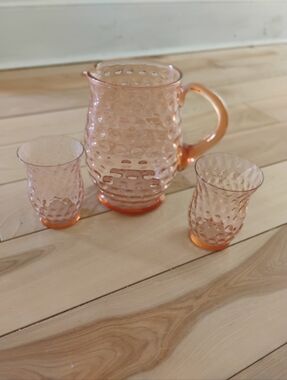 Pink Hob Knob Glass Pitcher and Glasses